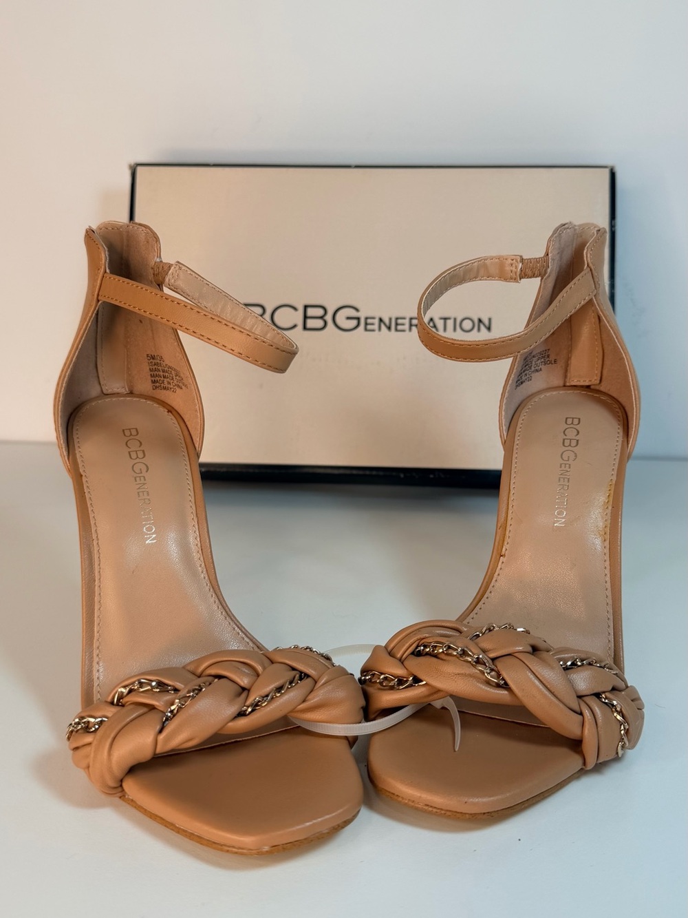 BCBGeneration Women’s Tan Braided Chain-Ankle Strap Heels